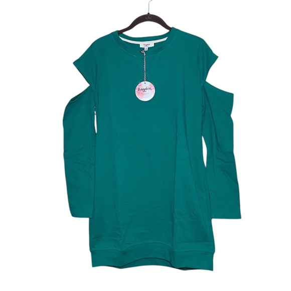 NWT Hayden Los Angeles Mini Emerald Green Sweatshirt Cold Shoulder Dress - Picture 3 of 5